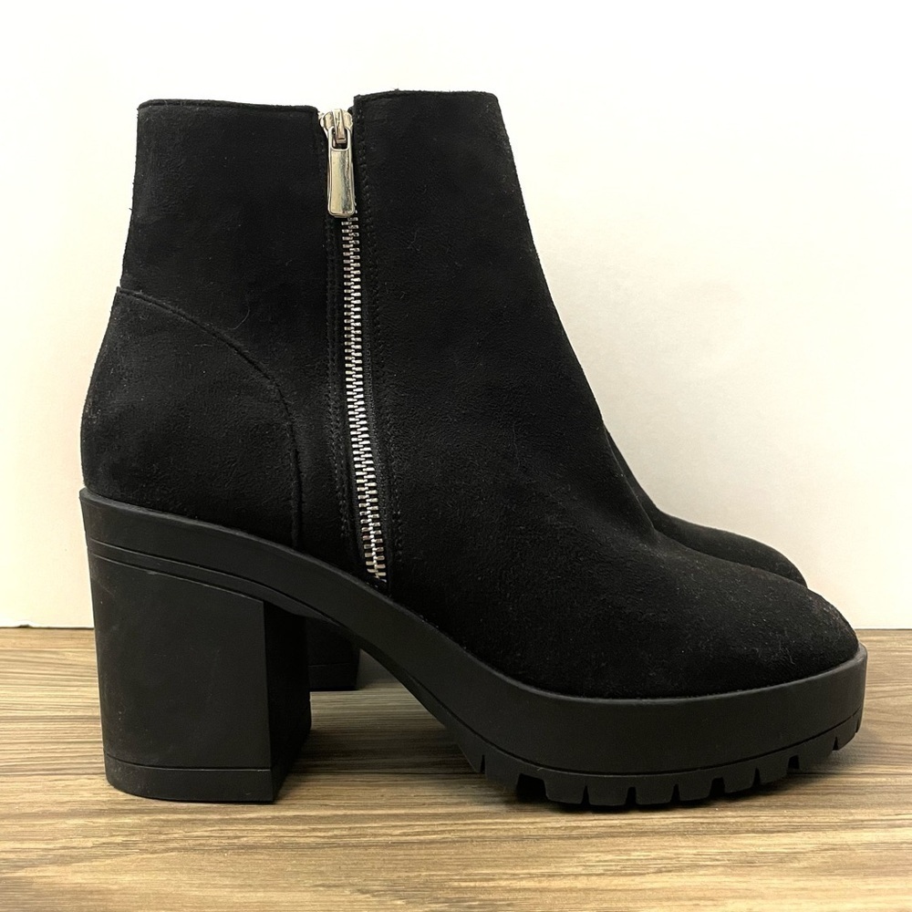NEW French Connection Black Vegan Suede Zip Chunky Heel Boots